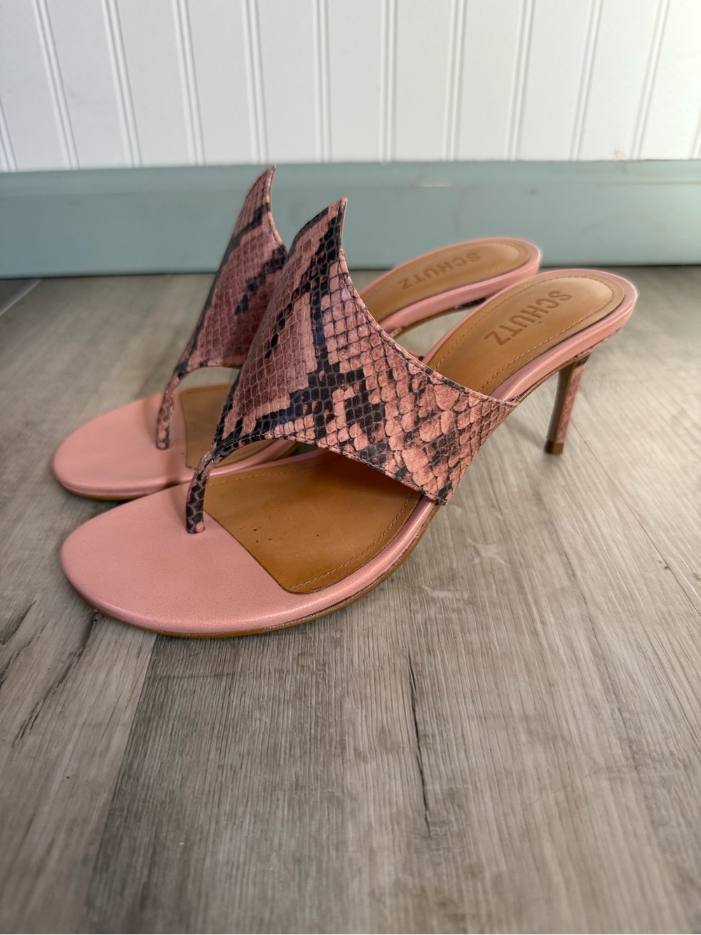 Schutz Carlie Mule Pink Python Leather Heel Sandal